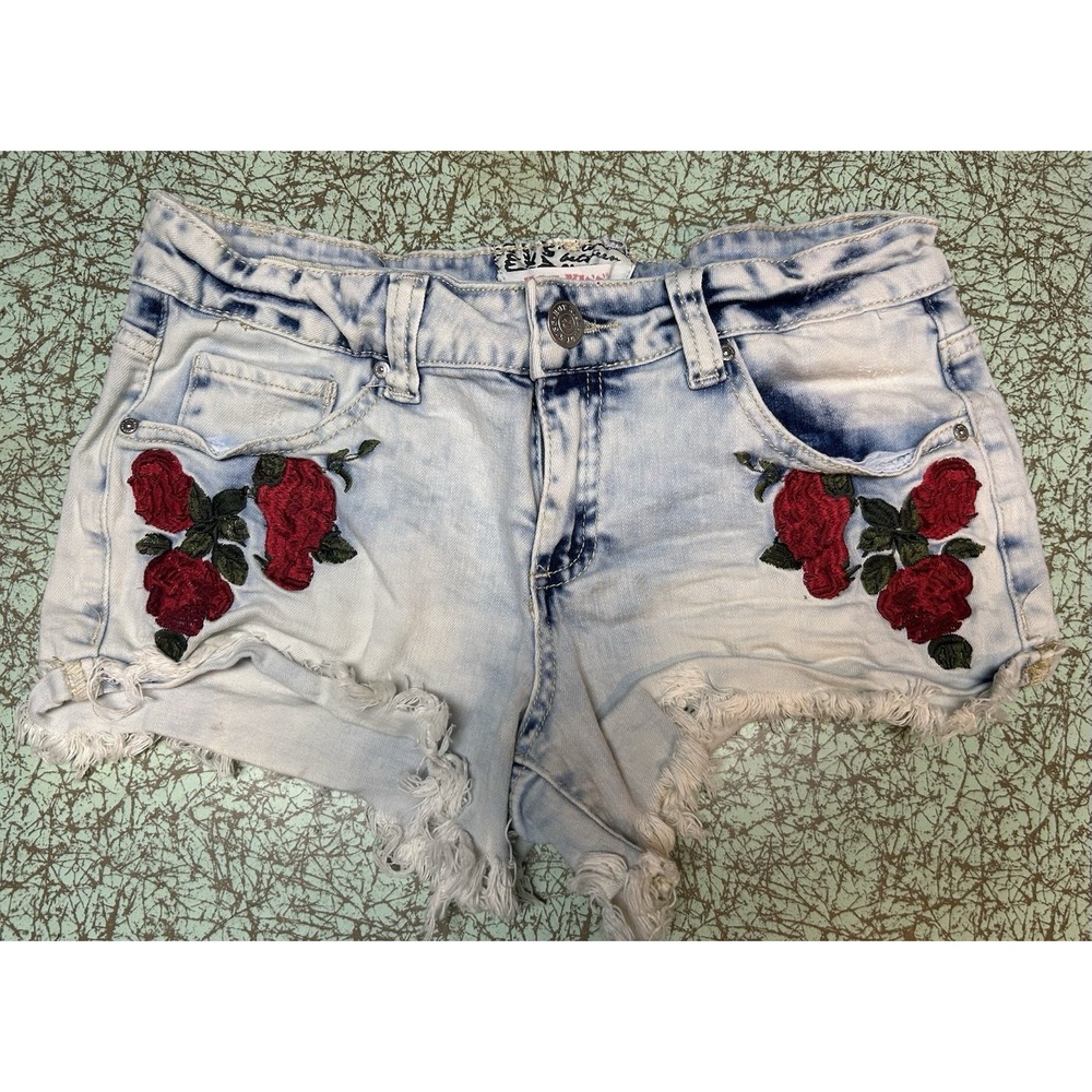 Acid Washed Rose Embroidered Denim Micro Shorts 7 Cut Offs Y2K Boho Hippie